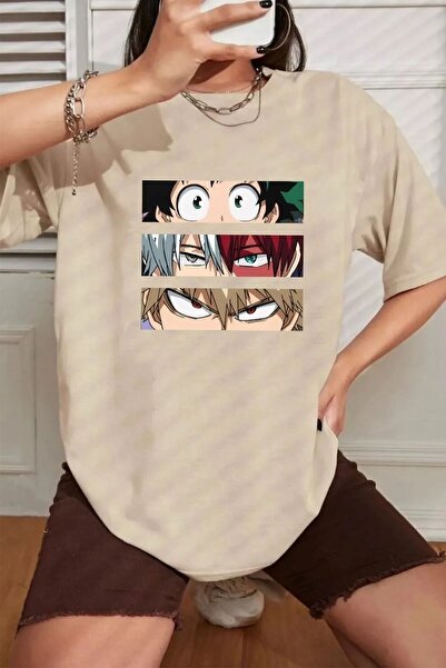 NO 601 Μπεζ Oversize Anime Printed Γυναικείο Tshirt - Σχέδιο 3 τετράγωνο