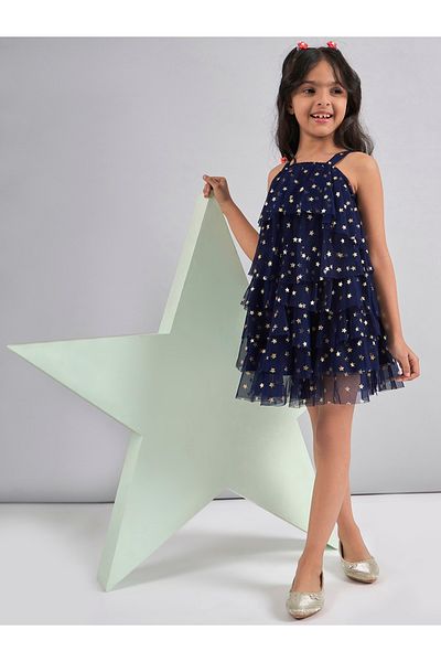 Stylo Bug By Styli Star Print Mesh Insert Layered Dress
