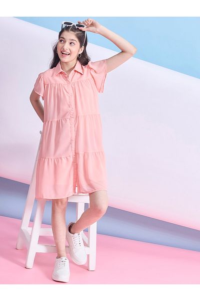 Stylo Bug By Styli Solid Tiered Mini Dress with Short Sleeves