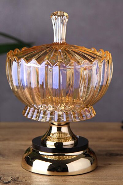 ALBETTO Kristal Cam Kase , Şekerlik Metal Ayak Büyük Gold 4478