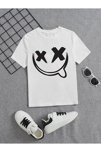 VASK Unisex Άνετο Παιδικό μπλουζάκι από βαμβακερό εμπριμέ λευκό