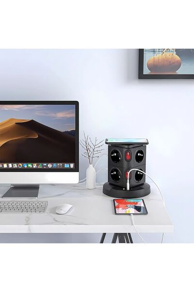 asua Akım Korumalı 2.4A Kule Priz Kablosuz Şarj İstasyonu 8x Soket 2x USB Wir...