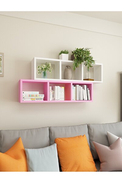 Dekormer Design Kitaplık Ofis Duvar Rafı Renkli Ikili Takım Beyaz Pembe