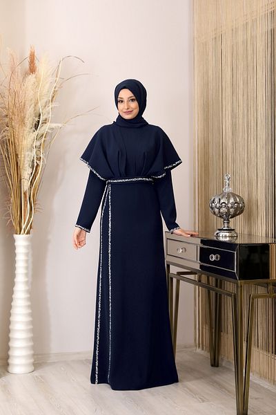 Surikka navy Blue Draped Fairy Evening Dress - with Stones on the Front