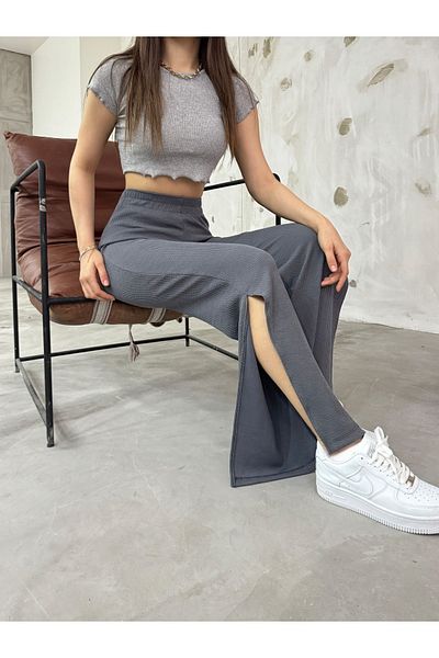 CNRCollection Women's Gray Trousers with High Waist and Soft Fabric - Wide Leg, Loose Relaxed Fit, Slit