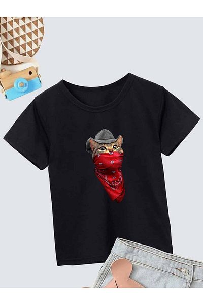 VASK Unisex Comfortable Cotton Printed Black Children's T-shirt