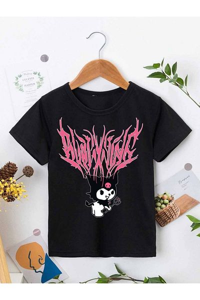 VASK Unisex Άνετο βαμβακερό εμπριμέ μαύρο παιδικό μπλουζάκι