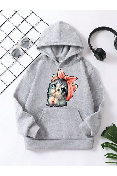 VASK UNISEX KIDS HOODED COTTON SWEET CAT PRINTED GRAY SWEATSHIRT