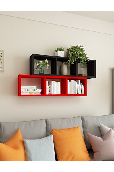 Dekormer Design Kitaplık Ofis Duvar Rafı Renkli Ikili Takım Kırmızı Siyah