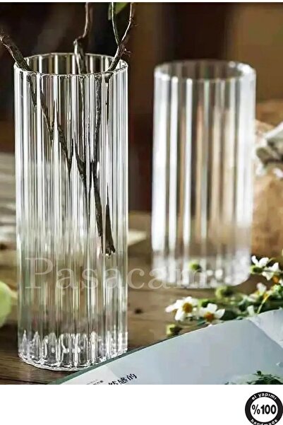 Paşabahçe Optik Cizgili Silindir Cam Vazo Borosilikat 10 Cm Genişlik 20 Cm Yükseklik 1 Adet