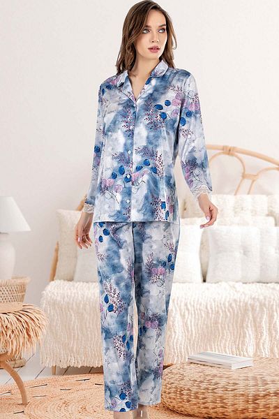 VİENETTA Σετ γυναικείες πιτζάμες Satincomple Cotton - Μακρυμάνικο, Κουμπωτό, 161276
