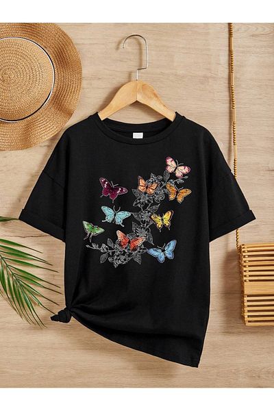 VASK Unisex Comfortable Fit Βαμβακερό εμπριμέ μαύρο παιδικό μπλουζάκι