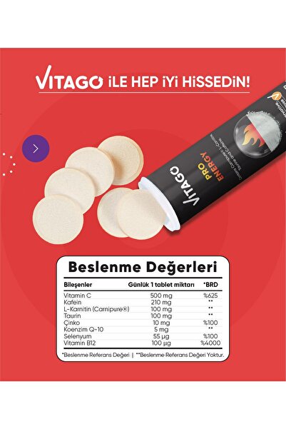 Vitago Energy L-karnitin, Taurin, Kafein Içeren 10 Efervesan Tablet