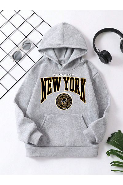 VASK Hanorac UNISEX pentru copii, bumbac, cu glugă, cu imprimeu NEWYORK, negru