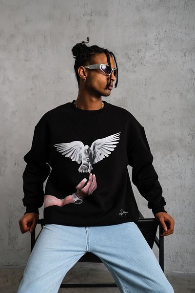 VASK UNISEX OVERSIZE COTTON 'BIRD' PRINTED CREW COLLAR SWEATSHIRT