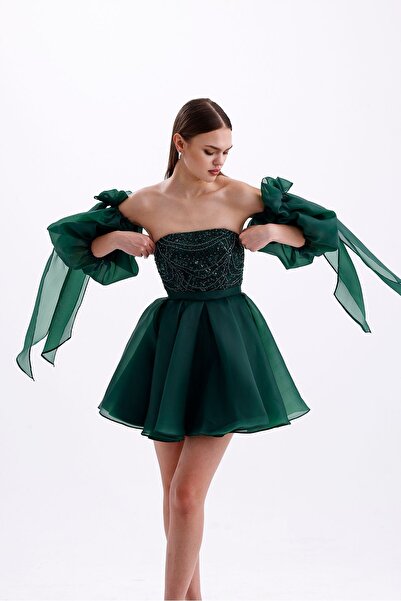 Tangül&Ali'S Moda Evi İşlemeli Zümrüt Yeşili Dalya Elbise