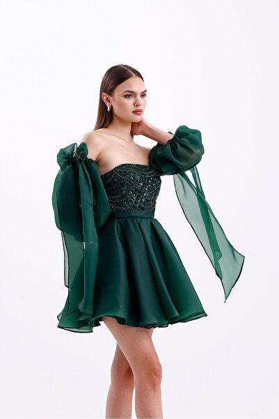 Tangül&Ali'S Moda Evi İşlemeli Zümrüt Yeşili Dalya Elbise