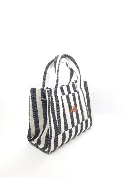 AWOSA Siyah Beyaz Çizgili Kadın Günlük El Omuz Kanvas Mini Çanta
