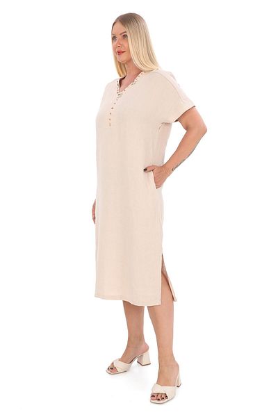 mardi exclusive Φόρεμα με λαιμόκοψη V μπεζ λινό - Γυναικείο Plus Size