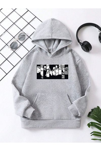 VASK UNISEX KIDS HOODED COTTON NARUTO PRINTED GRAY SWEATSHIRT