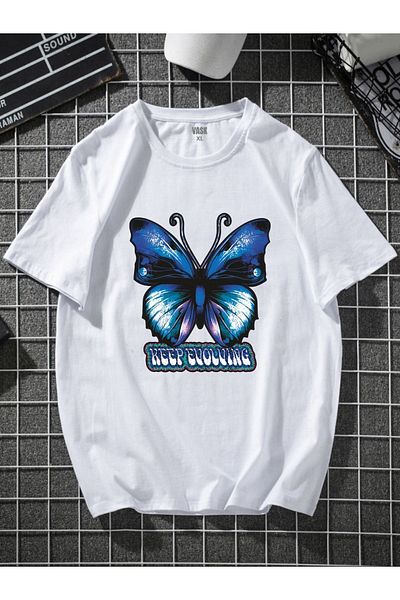 MODADEER Unisex Μπλουζάκι με μπλε πεταλούδα Oversize