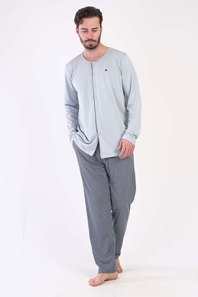 VİENETTA Men's Long Sleeve Cotton Pajamas Set - Buttoned, 305034