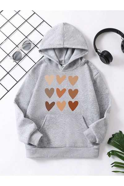 VASK UNISEX CHILDREN'S HOODED COTTON MULTIPLE HEART PRINTED GRAY SWEATSHIRT