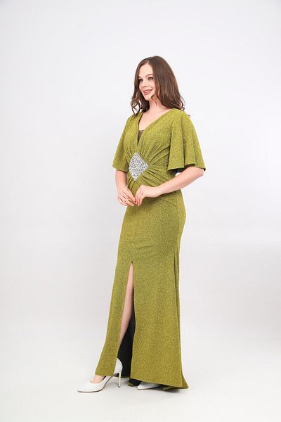 Robes Glittery V-neck Embroidered and Gather Detailed Fish Dress