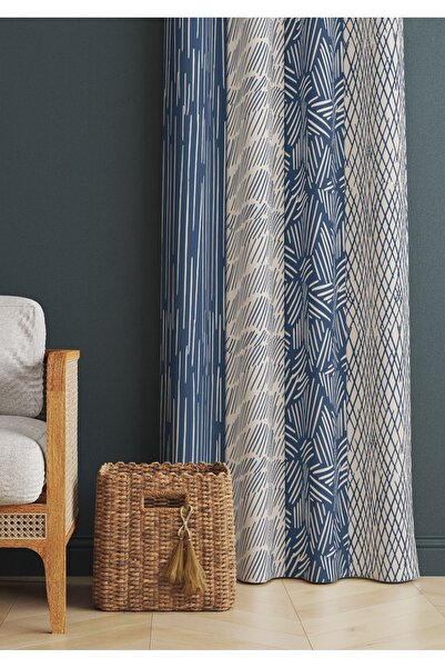 ALAMODECOR Mavi Geometrik Çizgili Farklı Desenli Oturma Odası § Salon Fon Per...