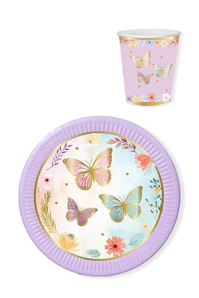 aşkın concept Lilac Butterfly Themed Plate Cup Set - 8 Pieces