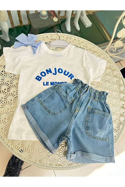 Teeny Weeny Kids Girl's Denim Bow T-Shirt and Shorts Set