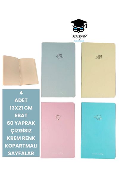 SEYFİKİRTASİYE مجموعة مفكرة مكونة من 60 ورقة مخططة بلون كريمي مكونة من 4 قطع مقاس 13 × 21 سم