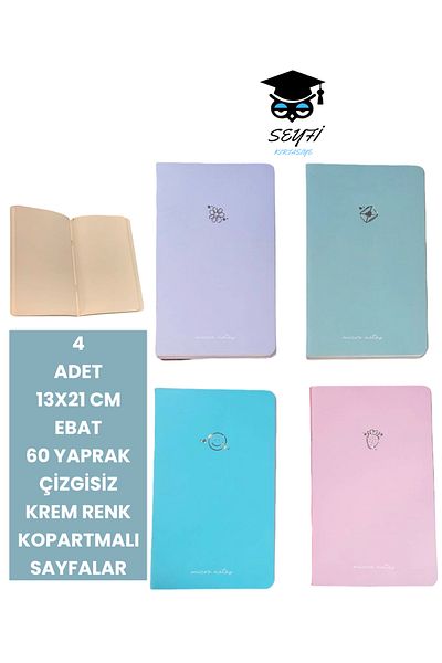SEYFİKİRTASİYE مجموعة مفكرة مكونة من 60 ورقة مخططة بلون كريمي مكونة من 4 قطع مقاس 13 × 21 سم