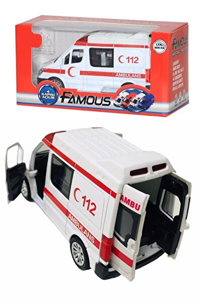 LABİRENTMARKET Kutulu Kapıları Açılan Metal Çek Bırak Pilli Sesli Işıklı Ambulans 13 Cm
