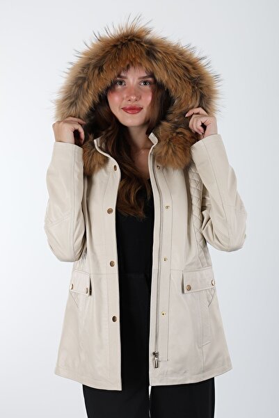 Derihouse Druzy Kısa Kapüşonlu Krem Kadın Deri Ceket