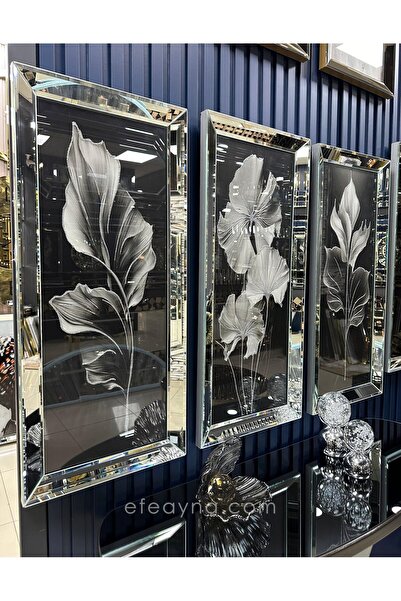 Efe Ayna YAPRAK- 3'LÜ GÜMÜŞ AYNA TABLO SETİ-40x90cm  (40x90cm  x 3adet tablo )