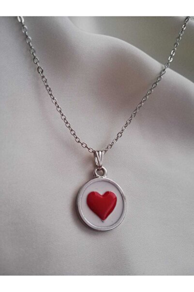 Judas Takı Women's Red Silver Colored Heart Necklace