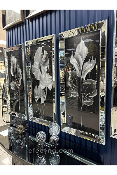 Efe Ayna YAPRAK- 3'LÜ GÜMÜŞ AYNA TABLO SETİ-40x90cm  (40x90cm  x 3adet tablo )