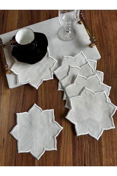 NURHAN HOME COLLECTION 6 Pieces Star Model - Gardenia Linen Cocktail Presentation Napkin, Embroidered