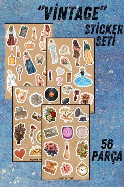 Craft VİNTAGE STİCKER SETİ , 4 YAPRAK ,56 ADET ÇIKARTMA , ETİKET