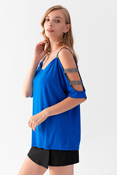 EtkiModa Γυναικεία Saks Μπλε μπλούζα V με ανοιχτούς ώμους και λεπτομέρειες γυαλάδας από βισκόζη