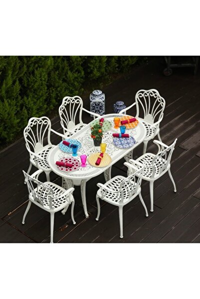 Fatih Ural Döküm Plastik ferforje beyaz renk 6 sandalye 1 masa takımı