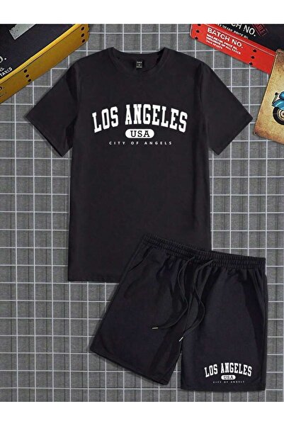 Genel Markalar Los Angeles Siyah T-Shirt Siyah Şort - Şortlu Tişört Alt Üst Takım Baskılı Bisiklet Yaka