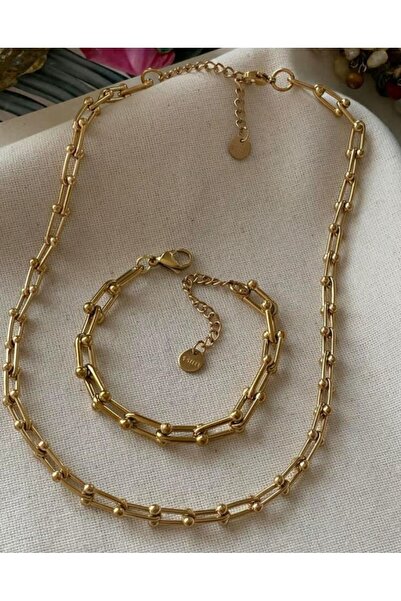 ELİF TAKI AKSESUAR Çelik Gold Tffny Kolye Bileklik Set