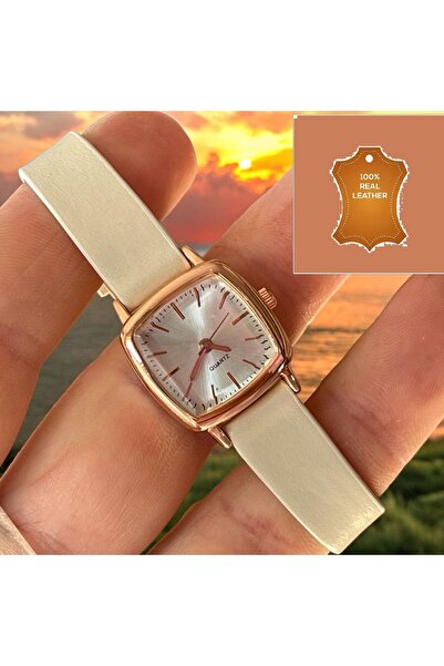 Brality Women Wrist Watch, Beige Color Rose Square Case , Real Leather Band, ...
