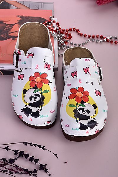 azizsahinshoes 3026 Μοντέλο Ανατομικές Παντόφλες με μοτίβο Panda που κρατούν λουλούδια
