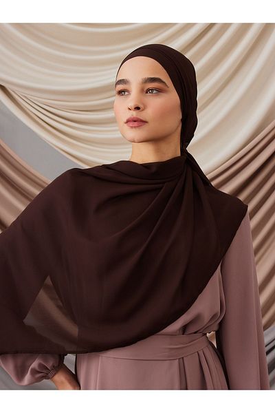 Femple Modest Brown Chiffon Shawl with Bonnet - 170X65Cm Luxury Hijab
