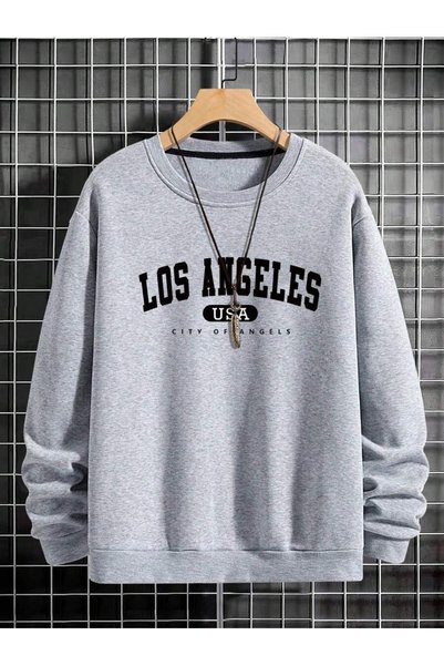 Wish BF Gri Erkek Kalın İçi Polarlı Los Angeles Baskılı Oversize/Geniş Kalıp ...