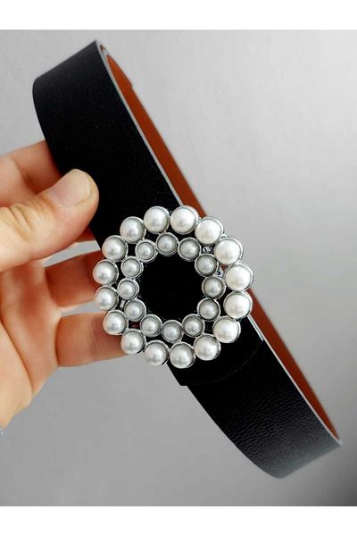 Kemerix Women's Pearl Stone Silver Round Buckle Double Sided Black-tan Belt