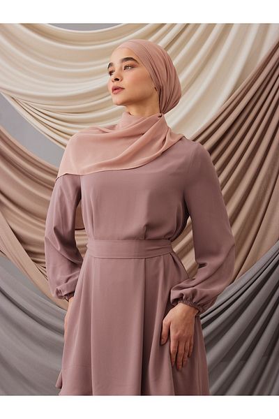 Femple Modest Taupe Pink Luxury Chiffon Shawl - Self Bonnet, 170X65Cm Size